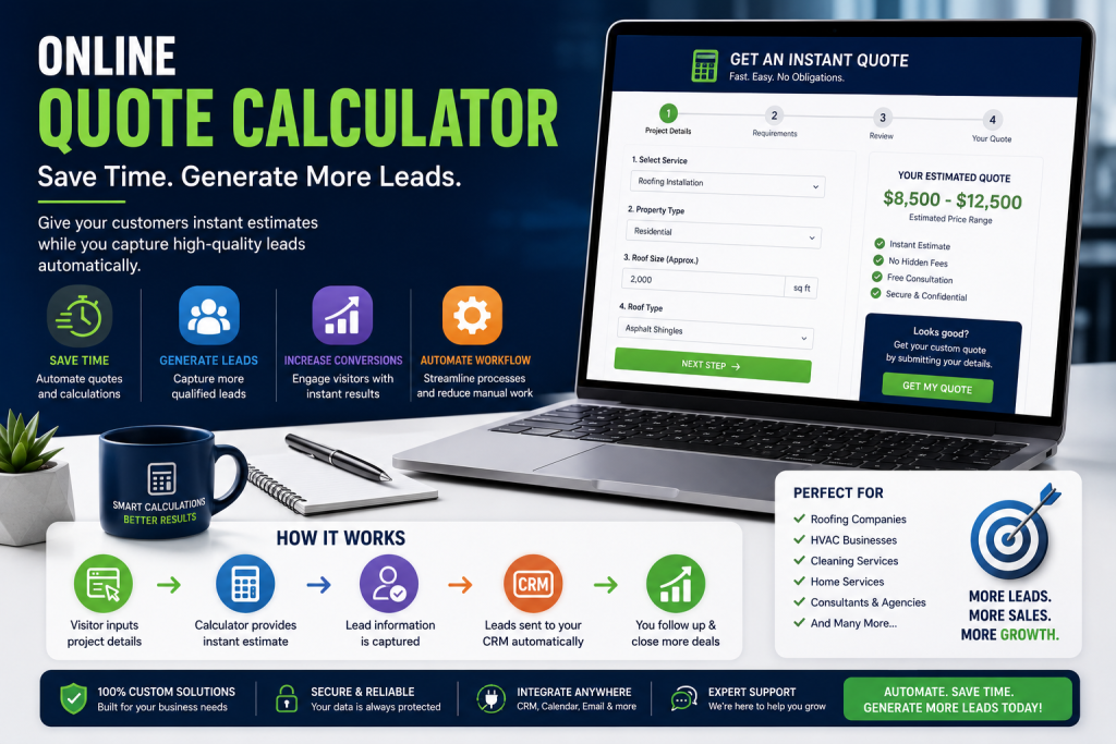 ONLINE QUOTE CALCULATOR Save Time • Generate More Leads Instant Estimates Better Conversions Automated Lead Capture